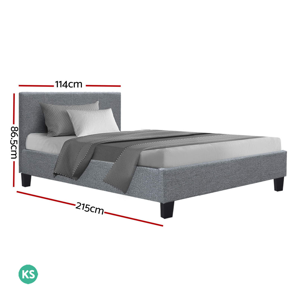 Artiss Neo Bed Frame in Grey, featuring a padded bedhead and premium faux linen upholstery, designed for king single mattresses.