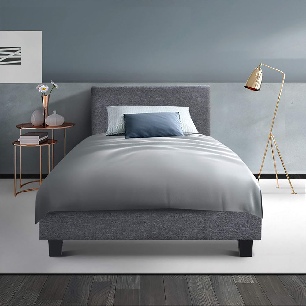 Artiss Neo Bed Frame in Grey, featuring a padded bedhead and premium faux linen upholstery, designed for king single mattresses.