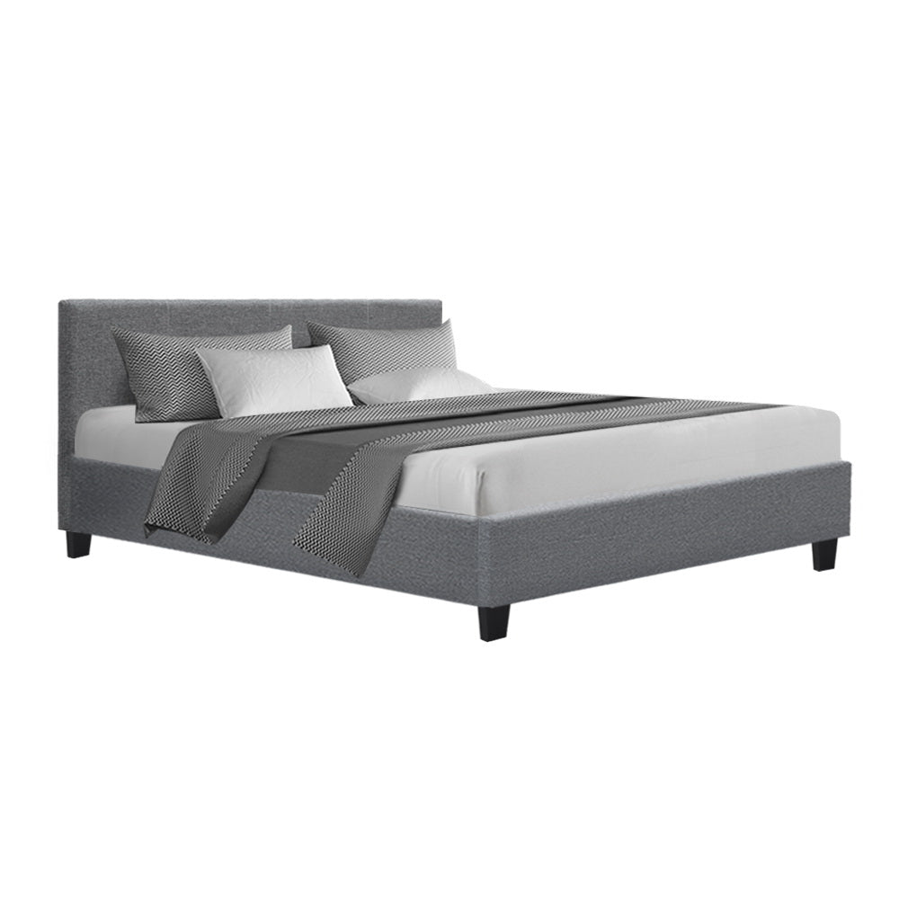 Artiss Neo Bed Frame in Grey, featuring a modern design with faux linen upholstery and a padded headboard for comfort.