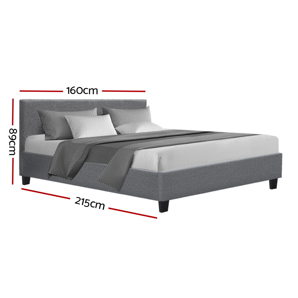 Artiss Neo Bed Frame in Grey, featuring a modern design with faux linen upholstery and a padded headboard for comfort.