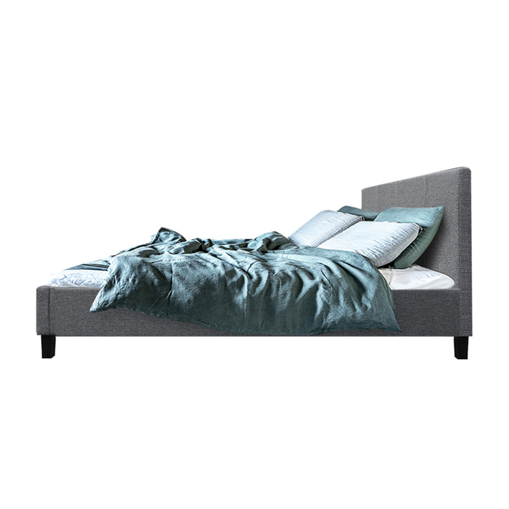 Artiss Neo Bed Frame in Grey, featuring a modern design with faux linen upholstery and a padded headboard for comfort.