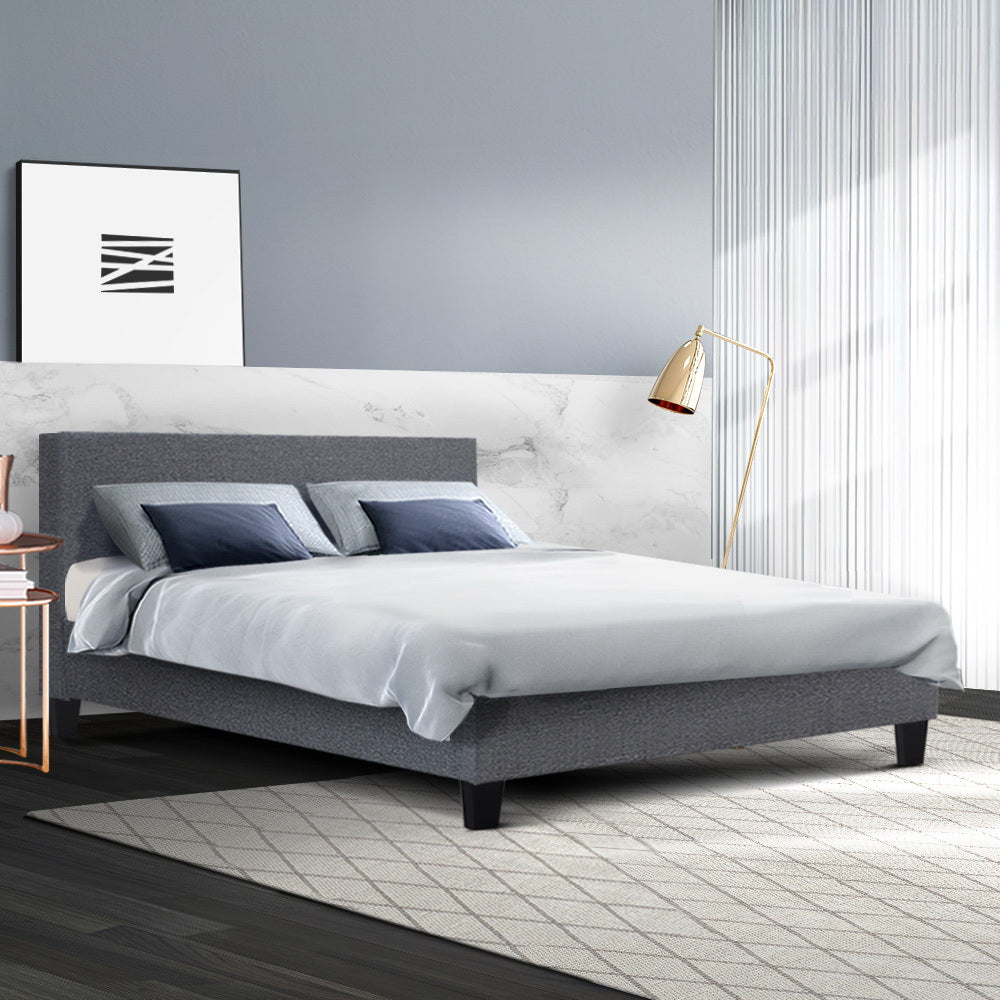 Artiss Neo Bed Frame in Grey, featuring a modern design with faux linen upholstery and a padded headboard for comfort.