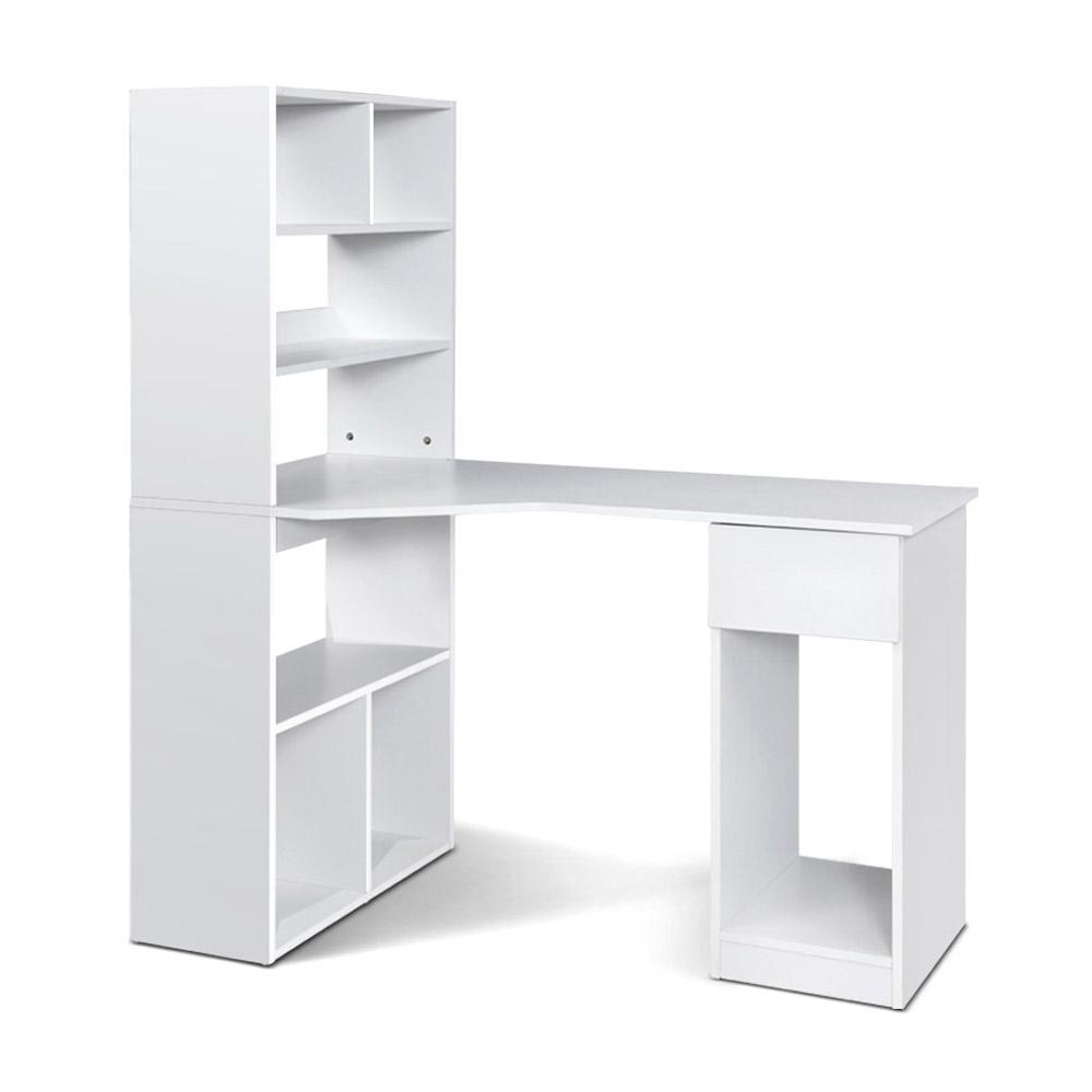 Artiss Office Computer Desk featuring a stylish white design with 5-tier shelving and spacious drawer, ideal for home and office use.