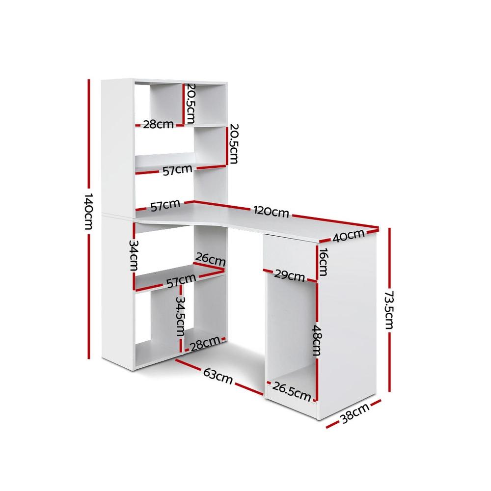 Artiss Office Computer Desk featuring a stylish white design with 5-tier shelving and spacious drawer, ideal for home and office use.