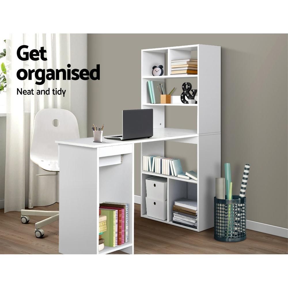 Artiss Office Computer Desk featuring a stylish white design with 5-tier shelving and spacious drawer, ideal for home and office use.