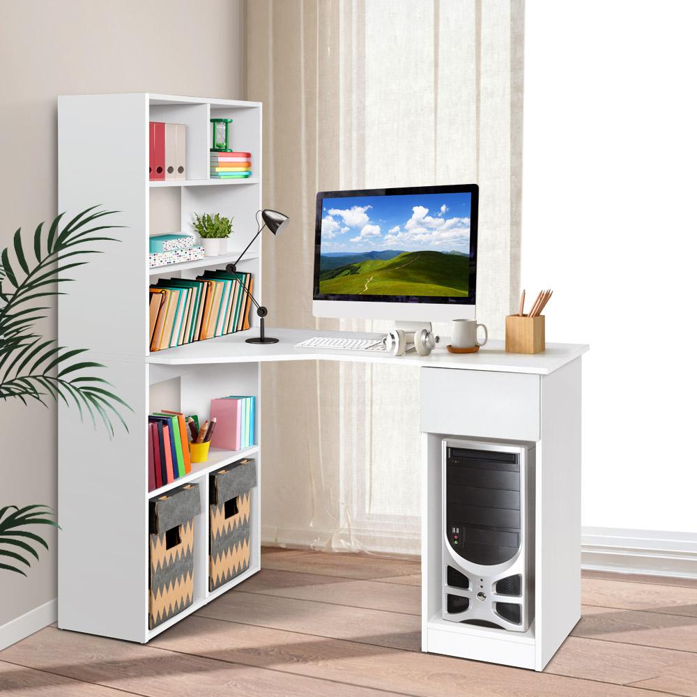 Artiss Office Computer Desk featuring a stylish white design with 5-tier shelving and spacious drawer, ideal for home and office use.