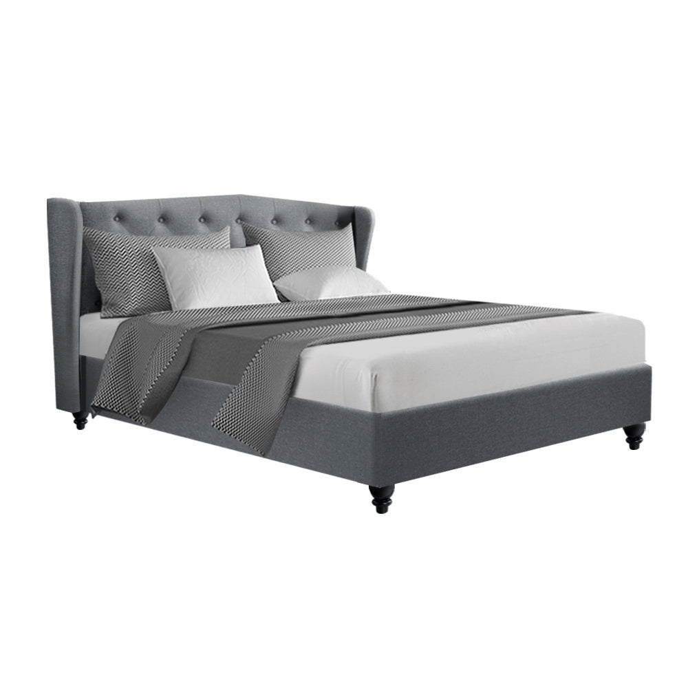 Artiss Pier Bed Frame in Grey with tufted headboard and steel frame, showcasing luxurious design and comfort.