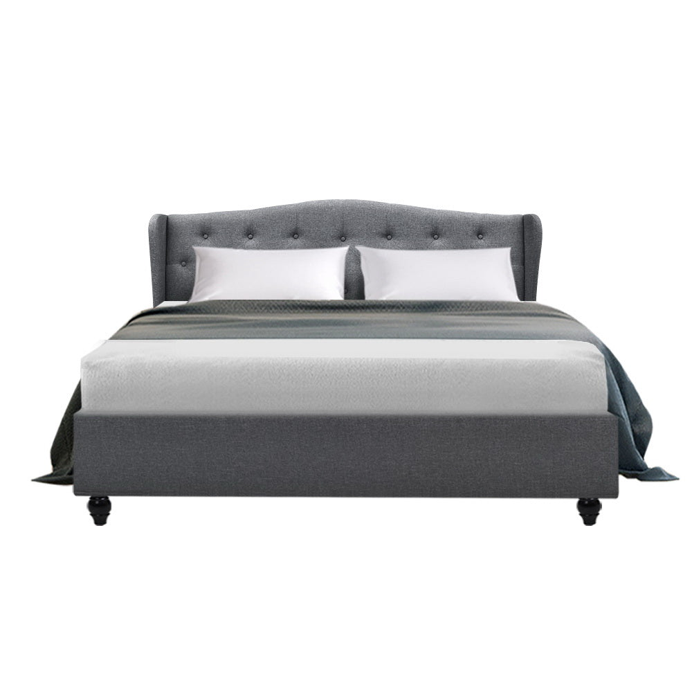 Artiss Pier Bed Frame in Grey with tufted headboard and steel frame, showcasing luxurious design and comfort.