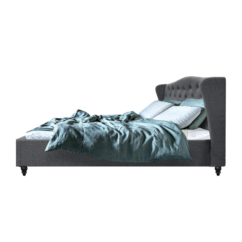 Artiss Pier Bed Frame in Grey with tufted headboard and steel frame, showcasing luxurious design and comfort.