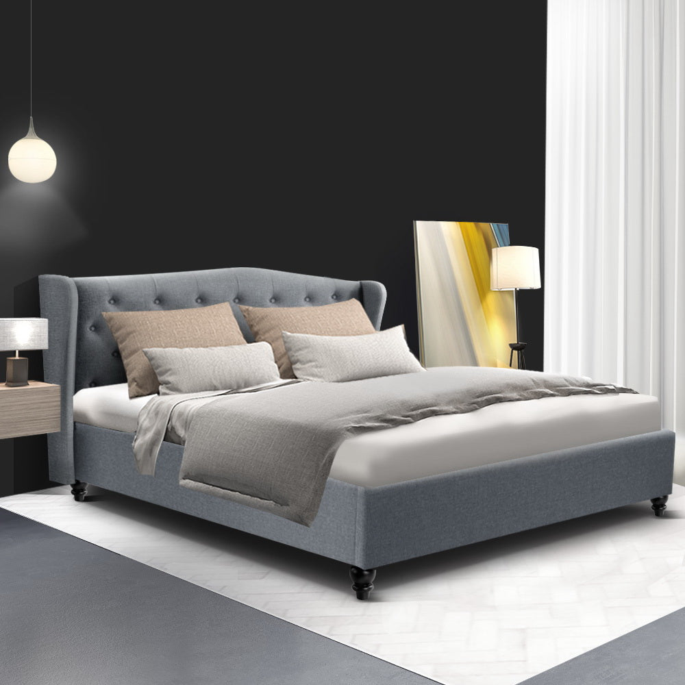 Artiss Pier Bed Frame in Grey with tufted headboard and steel frame, showcasing luxurious design and comfort.