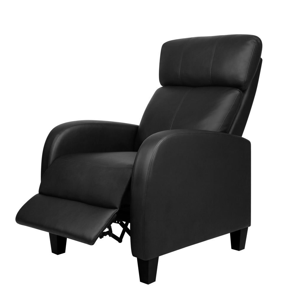 Artiss PU Leather Reclining Armchair in Black with adjustable reclining positions and thick cushion for comfort.