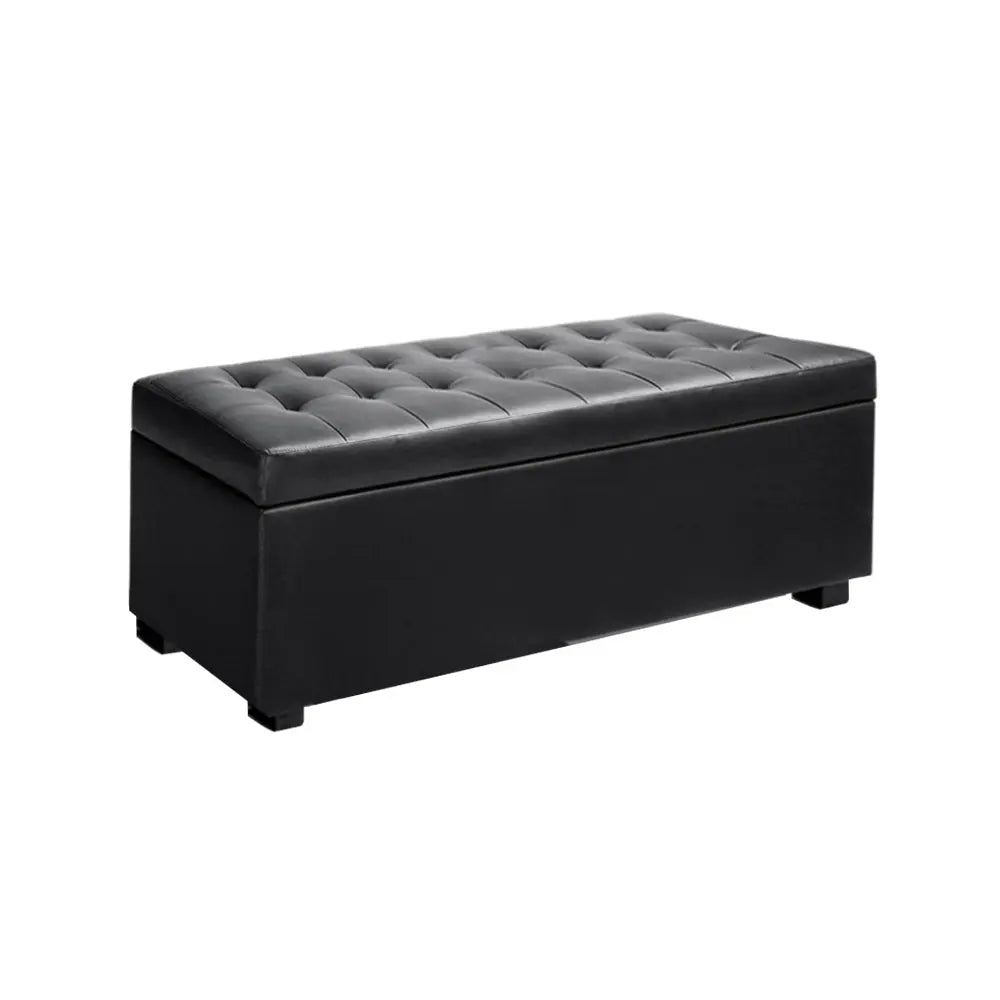 Artiss PU Leather Storage Ottoman in Black, featuring a plush cushion-top and solid wood construction, ideal for stylish storage solutions.