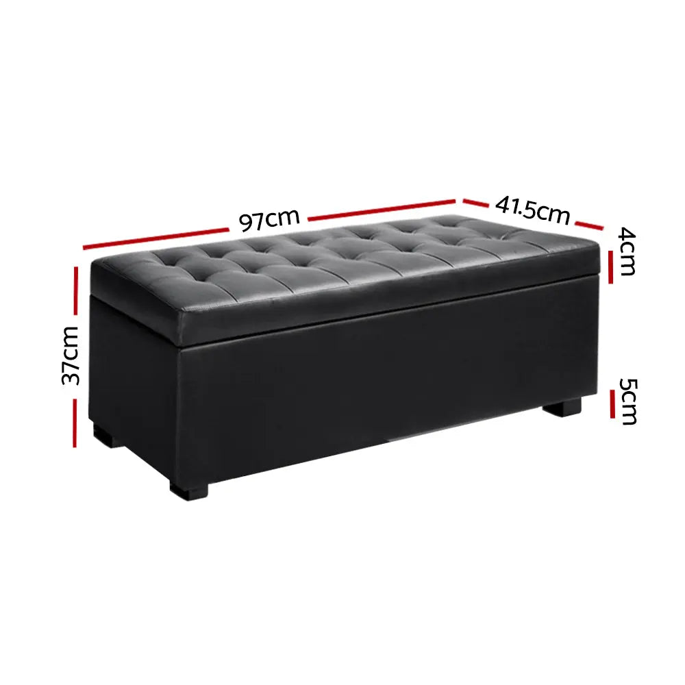 Artiss PU Leather Storage Ottoman in Black, featuring a plush cushion-top and solid wood construction, ideal for stylish storage solutions.