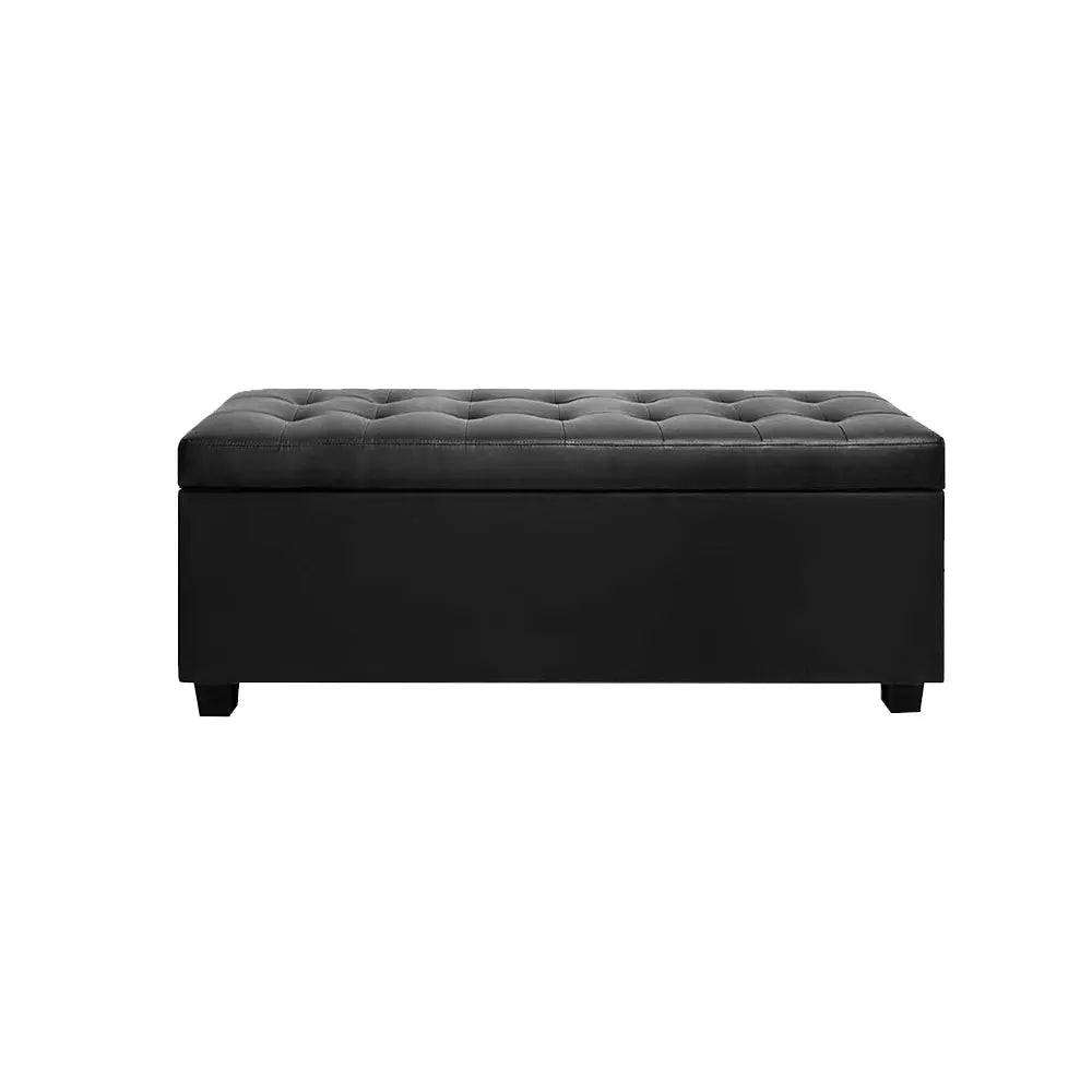 Artiss PU Leather Storage Ottoman in Black, featuring a plush cushion-top and solid wood construction, ideal for stylish storage solutions.