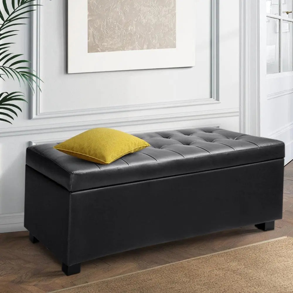 Artiss PU Leather Storage Ottoman in Black, featuring a plush cushion-top and solid wood construction, ideal for stylish storage solutions.