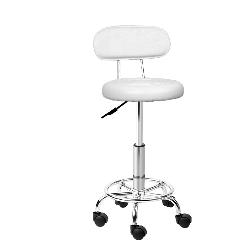 Artiss PU Leather Swivel Salon Stool in White with chrome base and five castor wheels, featuring a round seat and backrest.