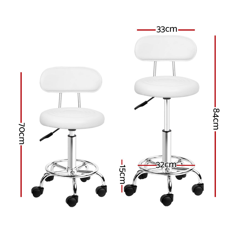 Artiss PU Leather Swivel Salon Stool in White with chrome base and five castor wheels, featuring a round seat and backrest.