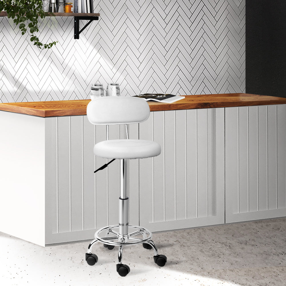 Artiss PU Leather Swivel Salon Stool in White with chrome base and five castor wheels, featuring a round seat and backrest.