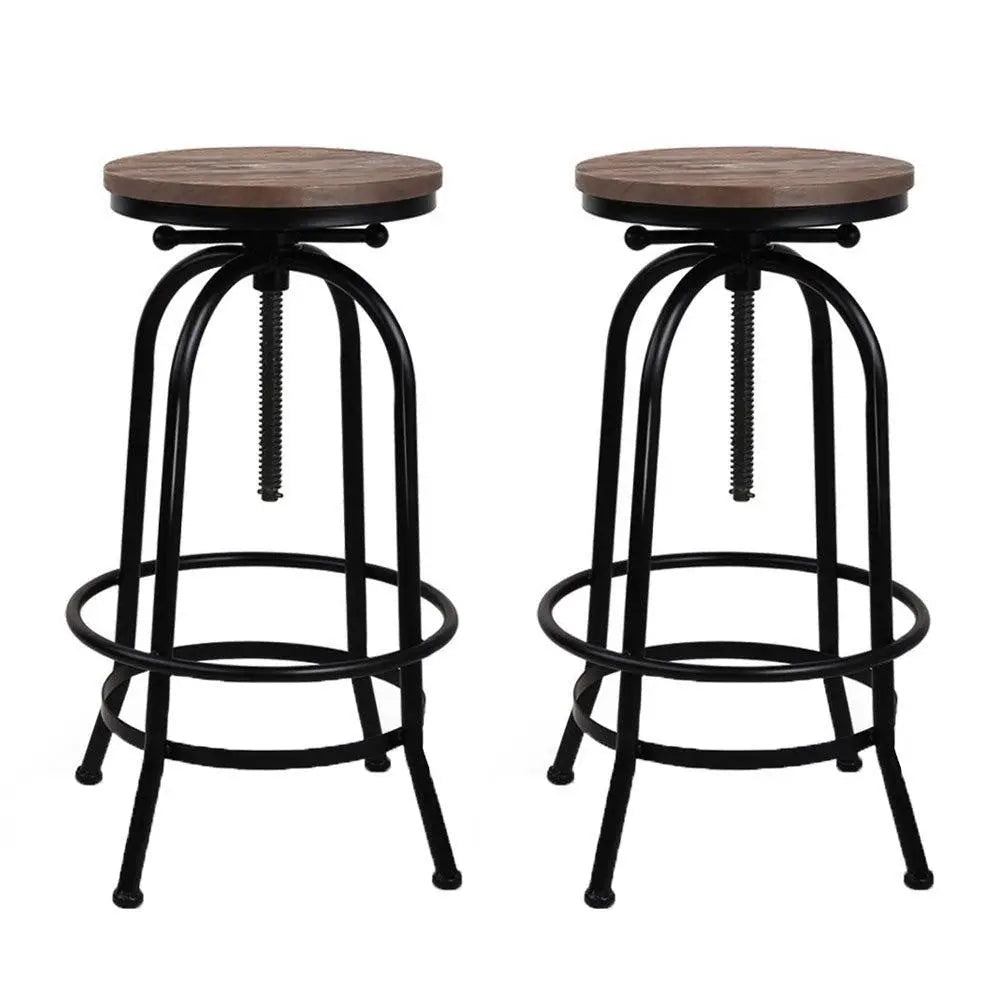 Artiss Set of 2 Bar Stools featuring a round elm wood seat and a sturdy black metal frame, showcasing a modern industrial design.