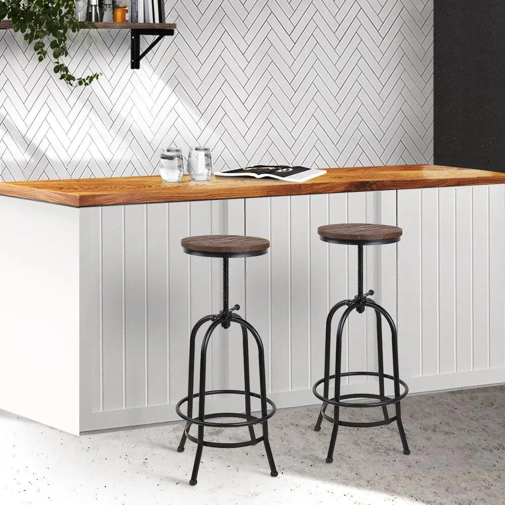 Artiss Set of 2 Bar Stools featuring a round elm wood seat and a sturdy black metal frame, showcasing a modern industrial design.