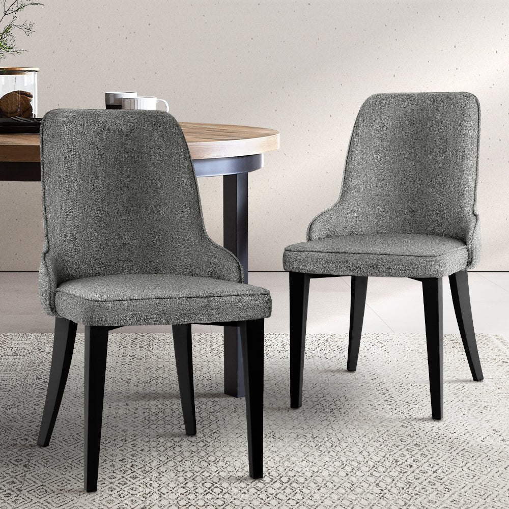 Artiss Set of 2 Grey Fabric Dining Chairs with high backrest and powder-coated steel legs, showcasing comfort and modern design.