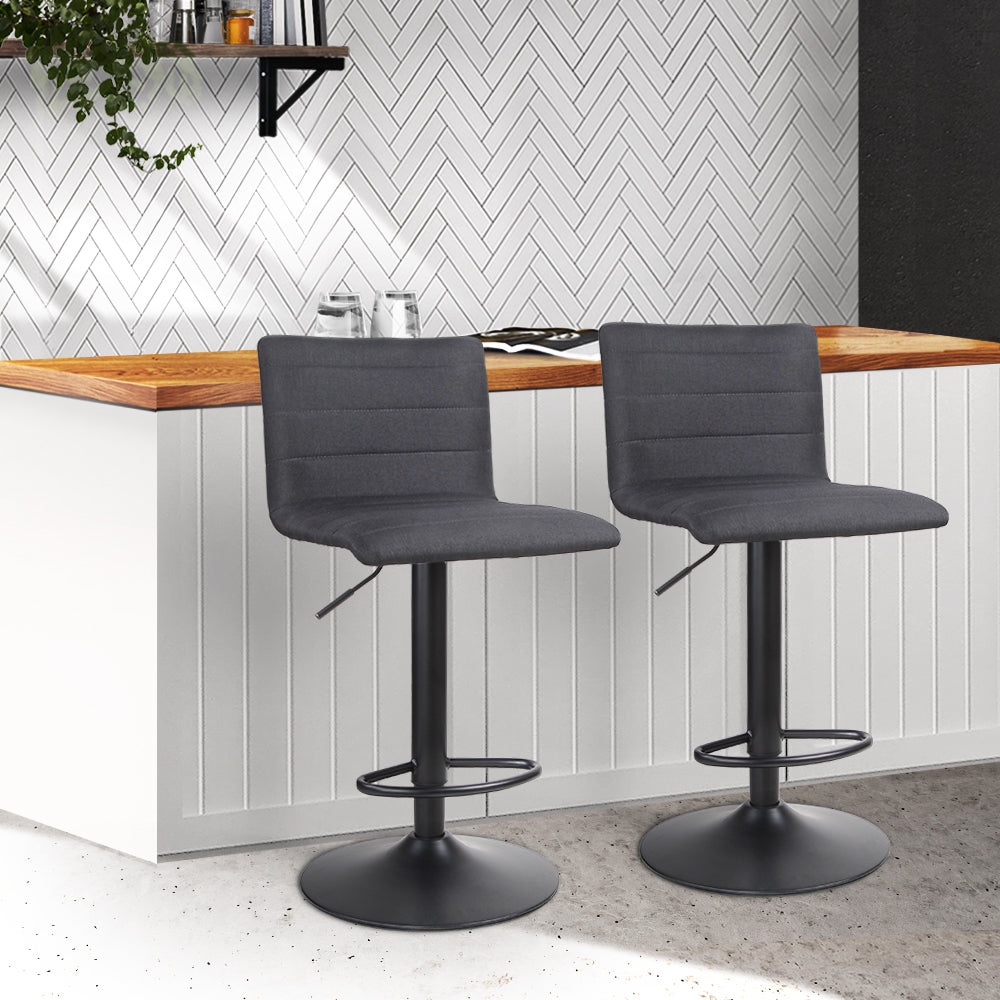 Artiss Set of 2 Faux Linen Bar Stools in Black, featuring a modern design with L-shaped seats and sturdy bases.