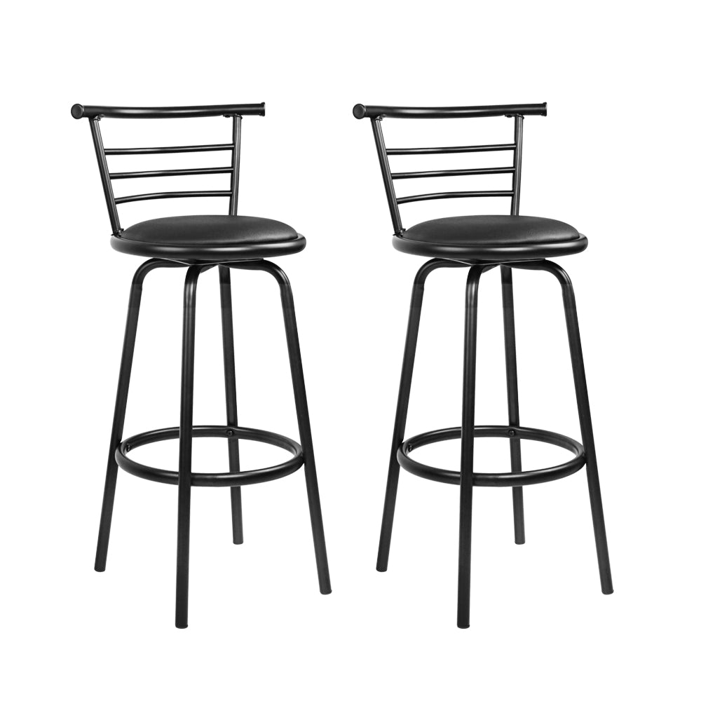 Artiss Set of 2 PU Leather Bar Stools in black with steel base, featuring a swivel seat and curved backrest, ideal for kitchen or bar use.