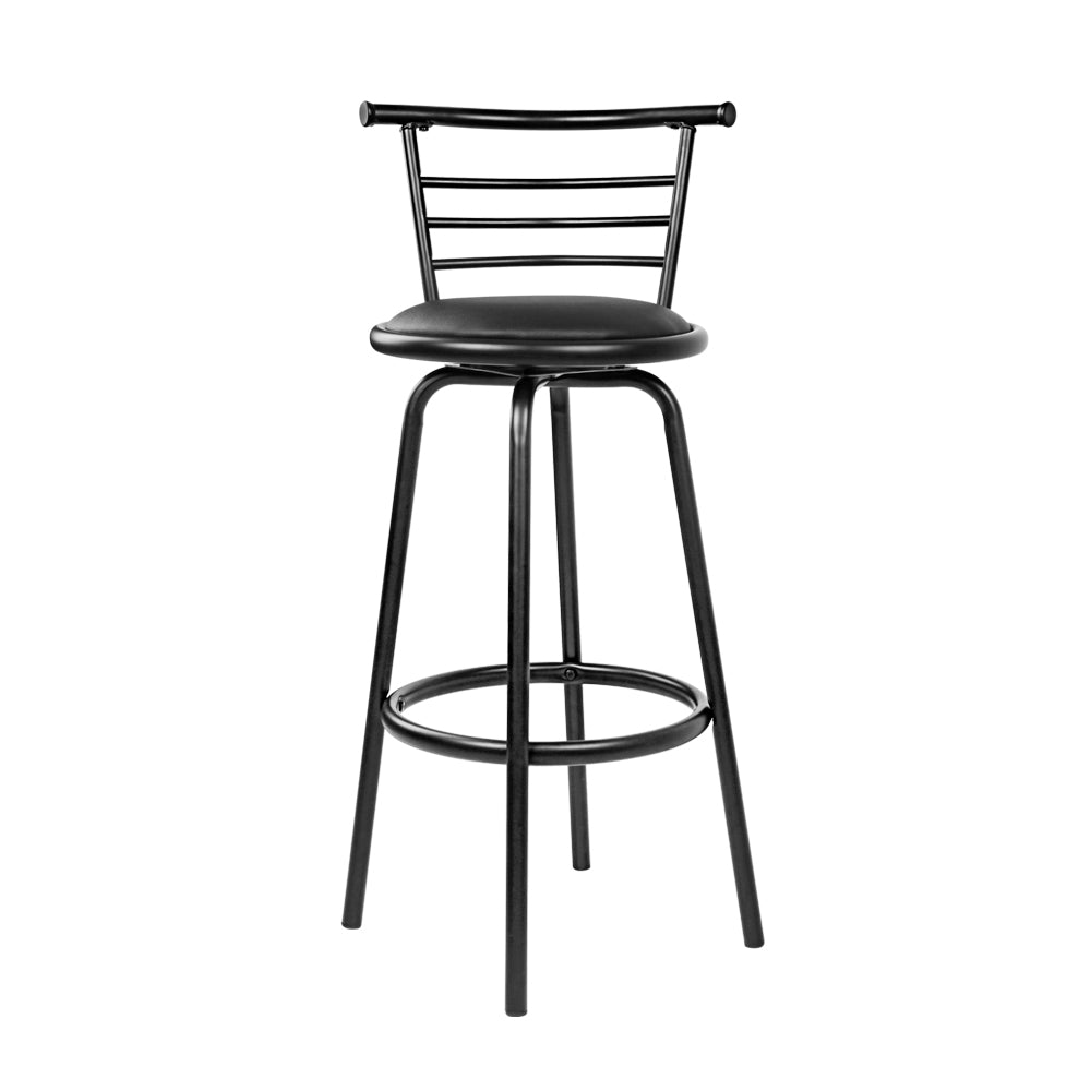 Artiss Set of 2 PU Leather Bar Stools in black with steel base, featuring a swivel seat and curved backrest, ideal for kitchen or bar use.