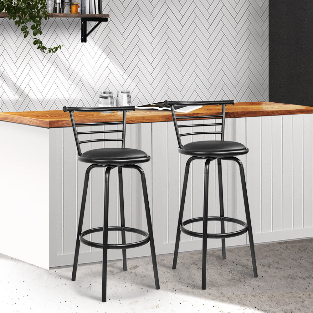 Artiss Set of 2 PU Leather Bar Stools in black with steel base, featuring a swivel seat and curved backrest, ideal for kitchen or bar use.