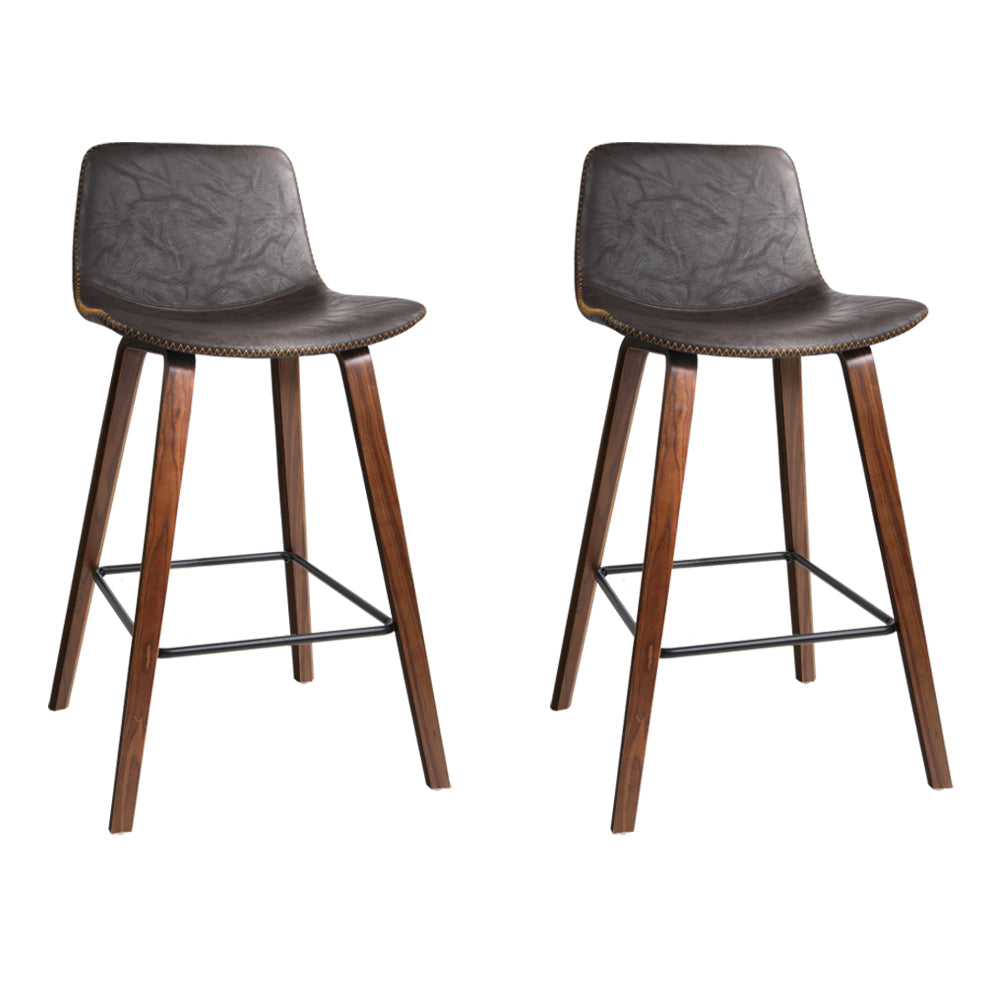 Artiss Set of 2 PU Leather Bar Stools with walnut brown padded seats and sturdy wooden structure, featuring anti-slip rubber feet.