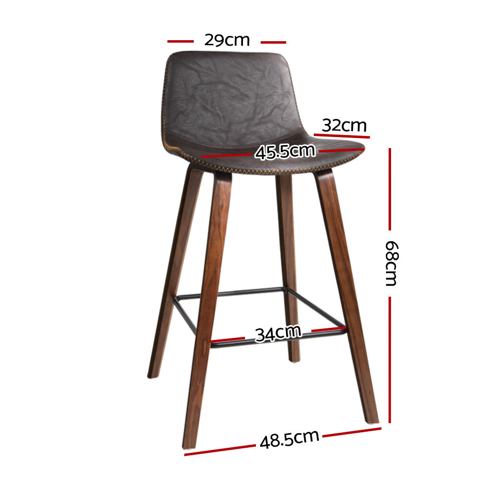 Artiss Set of 2 PU Leather Bar Stools with walnut brown padded seats and sturdy wooden structure, featuring anti-slip rubber feet.