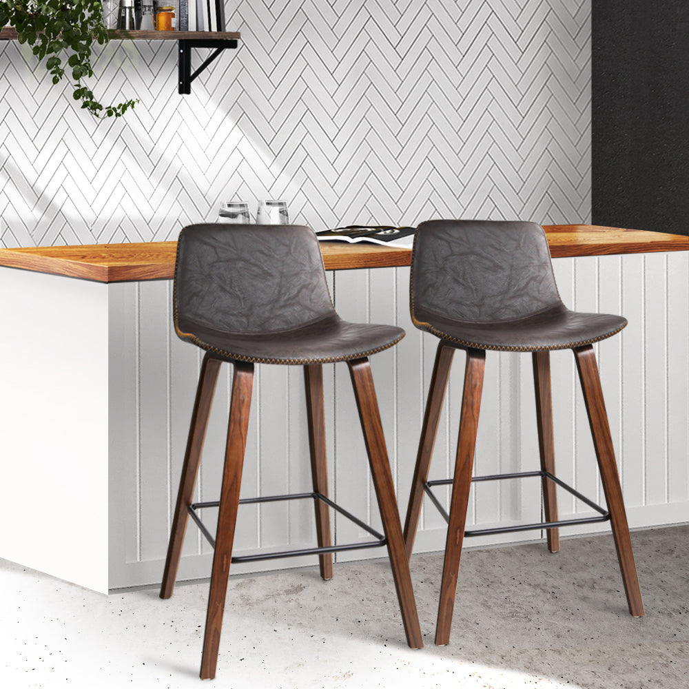 Artiss Set of 2 PU Leather Bar Stools with walnut brown padded seats and sturdy wooden structure, featuring anti-slip rubber feet.