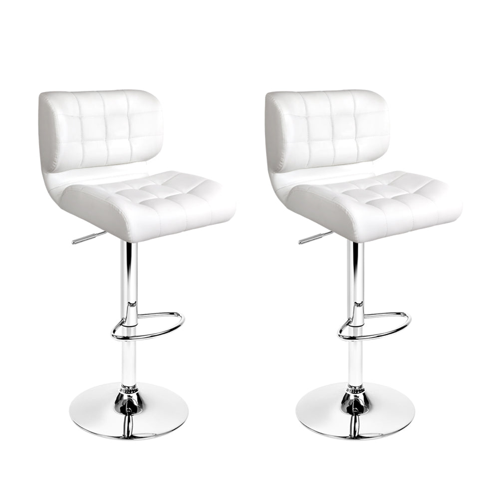 Artiss Set of 2 PU Leather Gas Lift Bar Stools in white with chrome accents, featuring a plush seat and adjustable height.