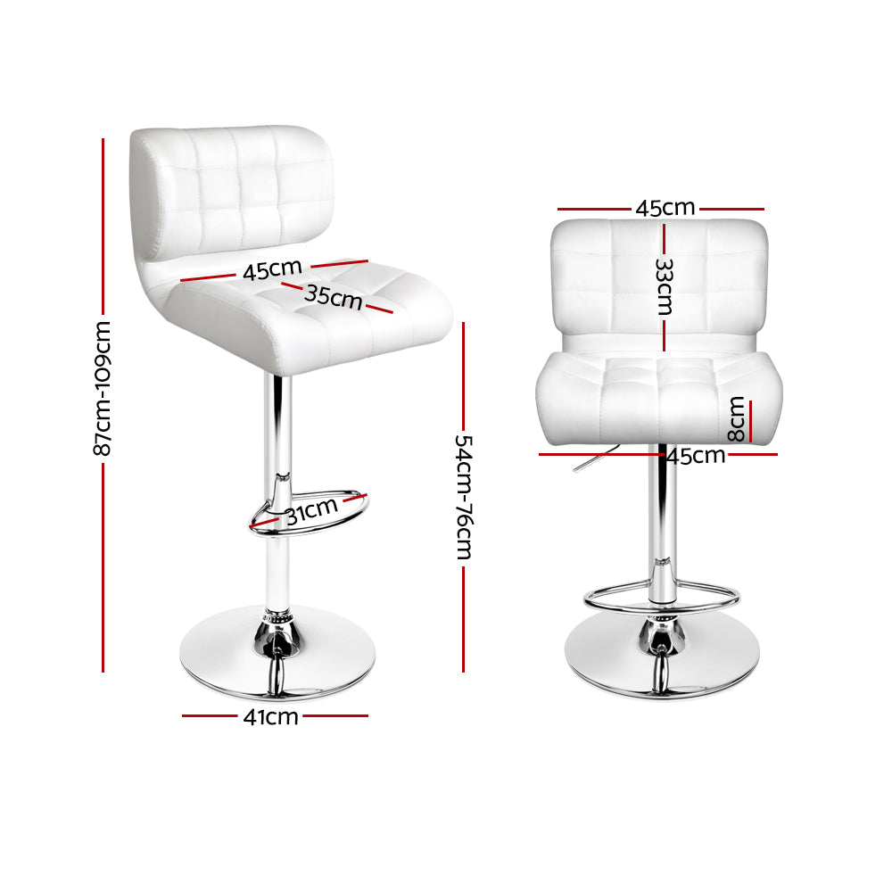 Artiss Set of 2 PU Leather Gas Lift Bar Stools in white with chrome accents, featuring a plush seat and adjustable height.