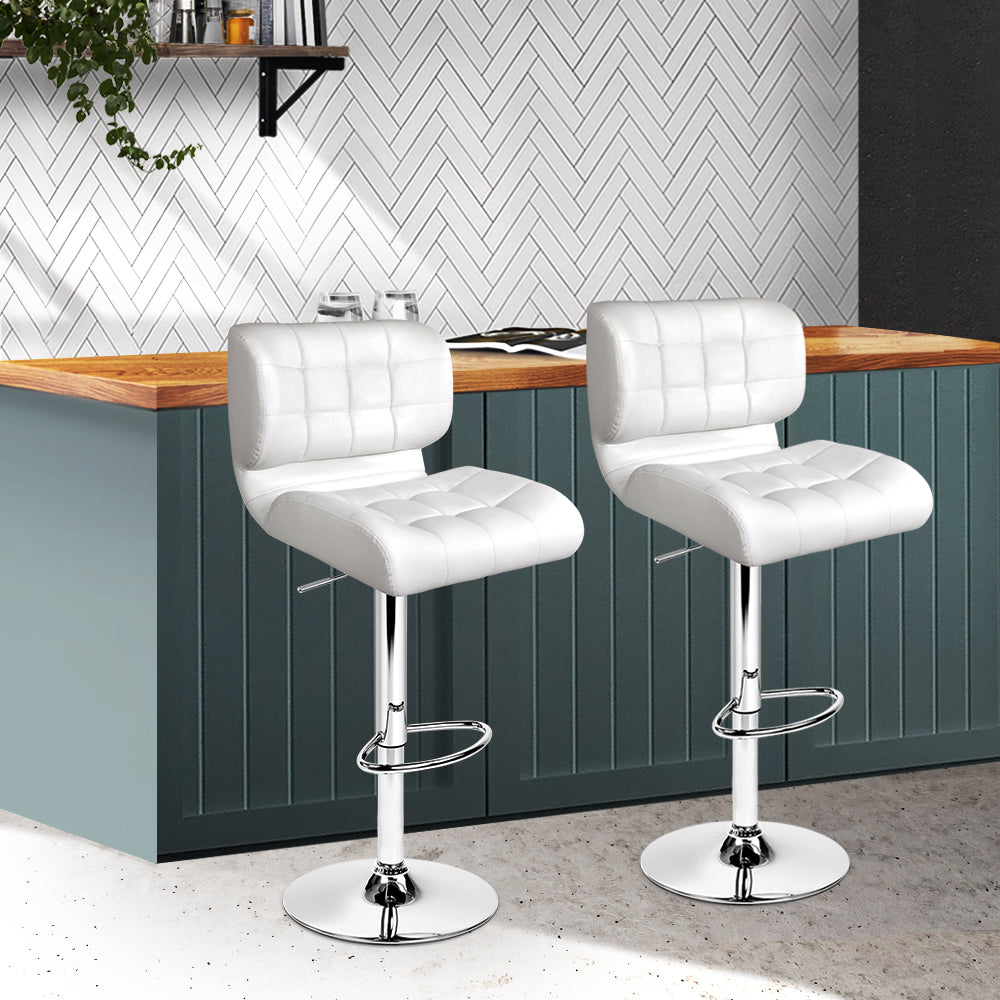 Artiss Set of 2 PU Leather Gas Lift Bar Stools in white with chrome accents, featuring a plush seat and adjustable height.