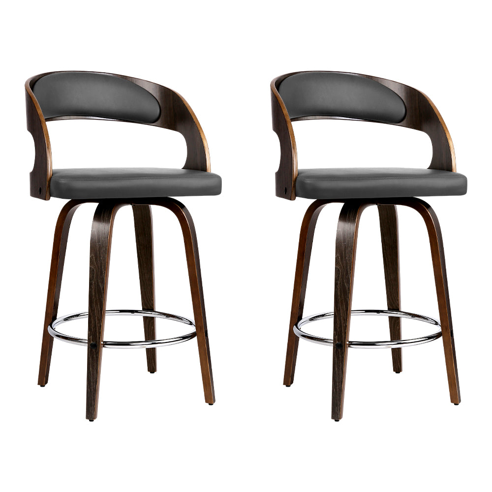 Artiss Set of 2 Walnut Wooden PU Leather Bar Stools in grey and walnut finish, featuring padded seats and a sturdy design.