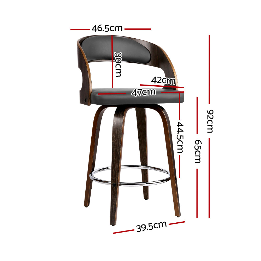 Artiss Set of 2 Walnut Wooden PU Leather Bar Stools in grey and walnut finish, featuring padded seats and a sturdy design.