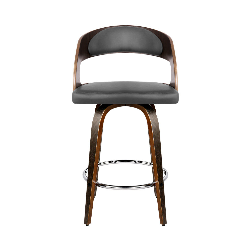 Artiss Set of 2 Walnut Wooden PU Leather Bar Stools in grey and walnut finish, featuring padded seats and a sturdy design.