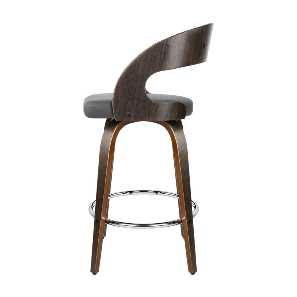 Artiss Set of 2 Walnut Wooden PU Leather Bar Stools in grey and walnut finish, featuring padded seats and a sturdy design.