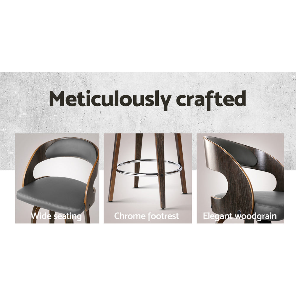 Artiss Set of 2 Walnut Wooden PU Leather Bar Stools in grey and walnut finish, featuring padded seats and a sturdy design.