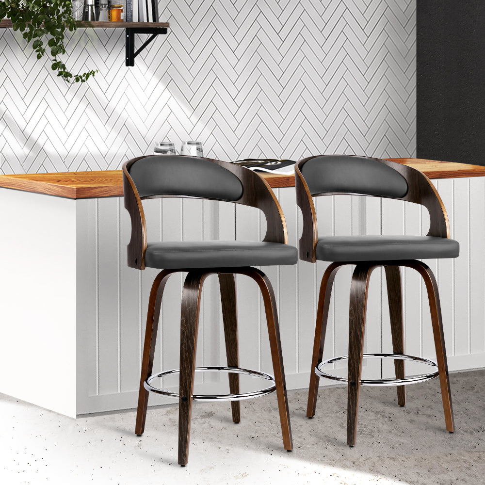 Artiss Set of 2 Walnut Wooden PU Leather Bar Stools in grey and walnut finish, featuring padded seats and a sturdy design.