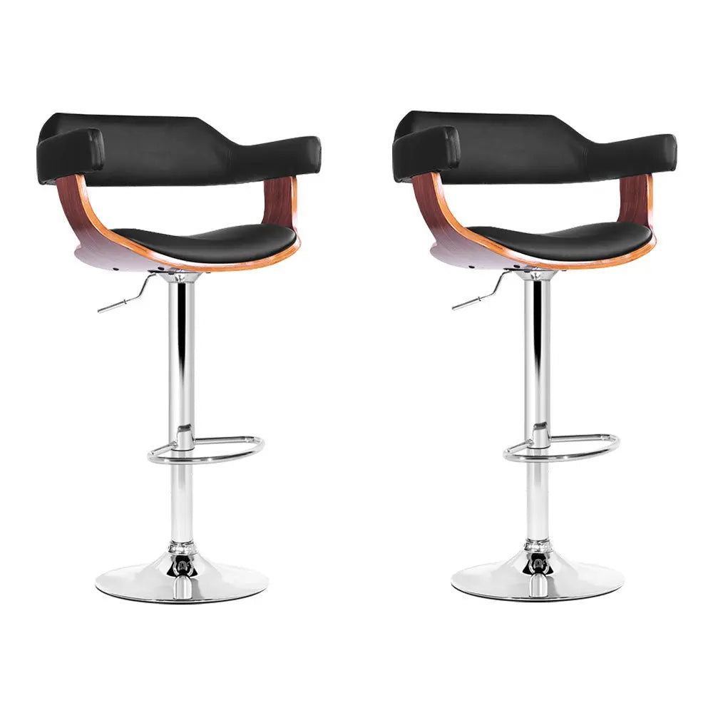 Artiss Set of 2 Wooden Bar Stools featuring a black PU leather padded seat and elegant wooden structure with a chrome base.