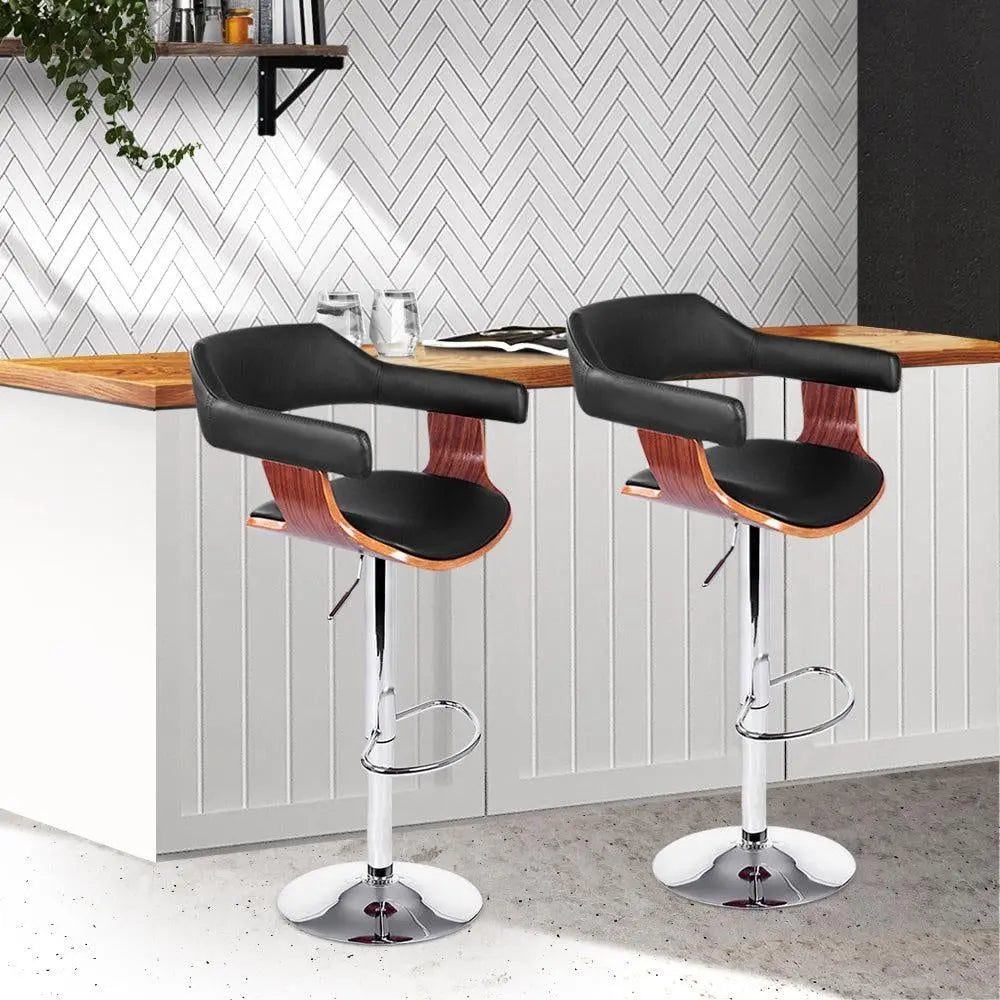 Artiss Set of 2 Wooden Bar Stools featuring a black PU leather padded seat and elegant wooden structure with a chrome base.