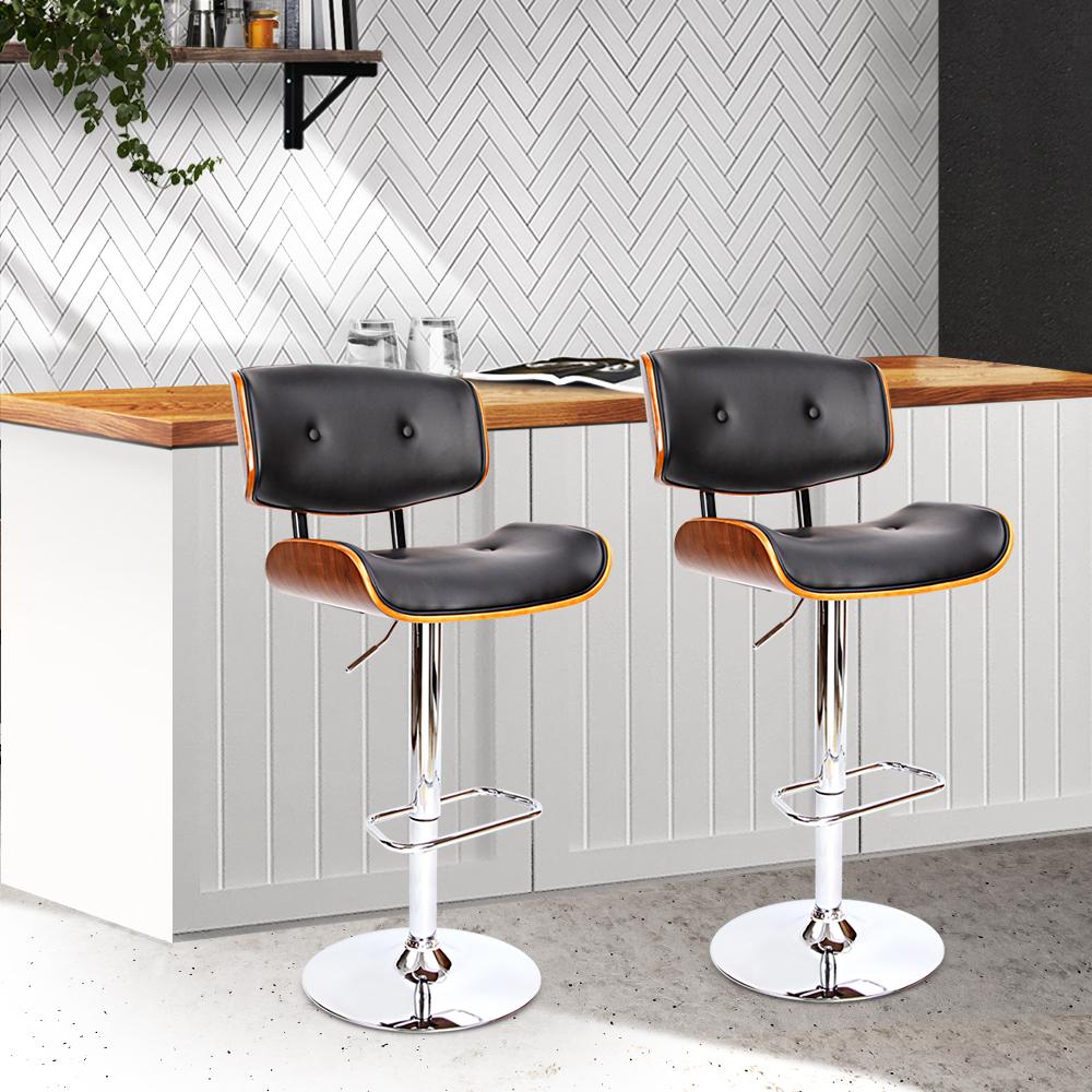 Artiss Set of 2 Wooden Gas Lift Bar Stools featuring a black PU leather seat and chrome base, designed for comfort and style.