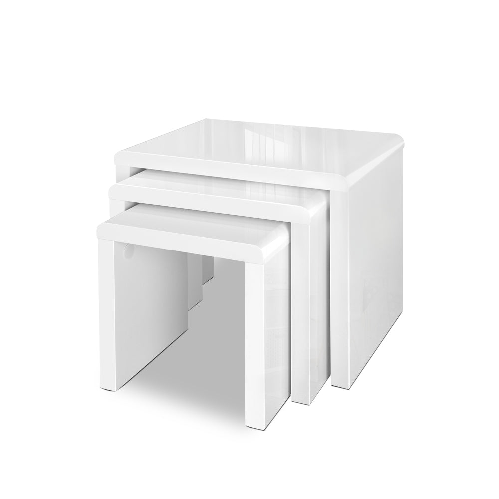 Artiss Set of 3 Nesting Tables in glossy white finish, showcasing three different sizes stacked together.