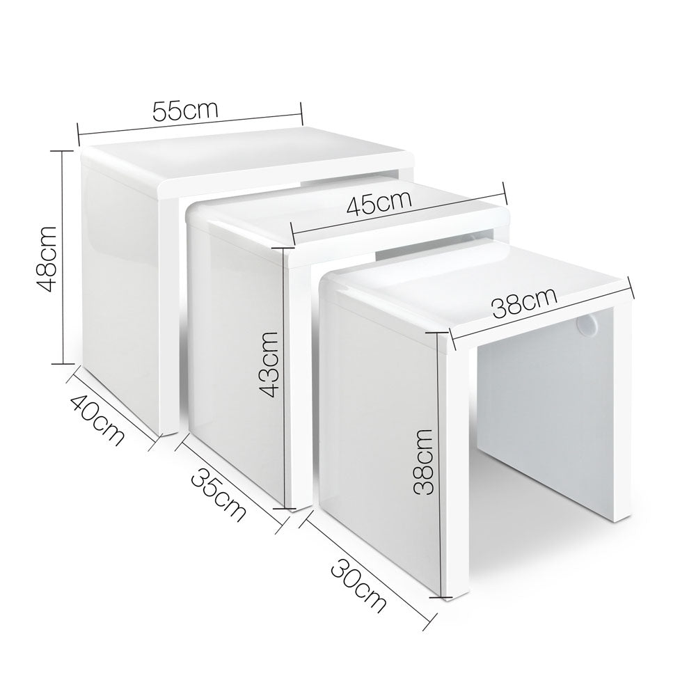 Artiss Set of 3 Nesting Tables in glossy white finish, showcasing three different sizes stacked together.