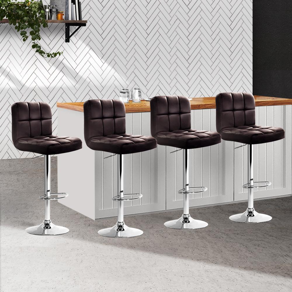 Artiss Set of 4 Bar Stools in chocolate brown with gas lift swivel feature, showcasing ergonomic design and chrome finish.