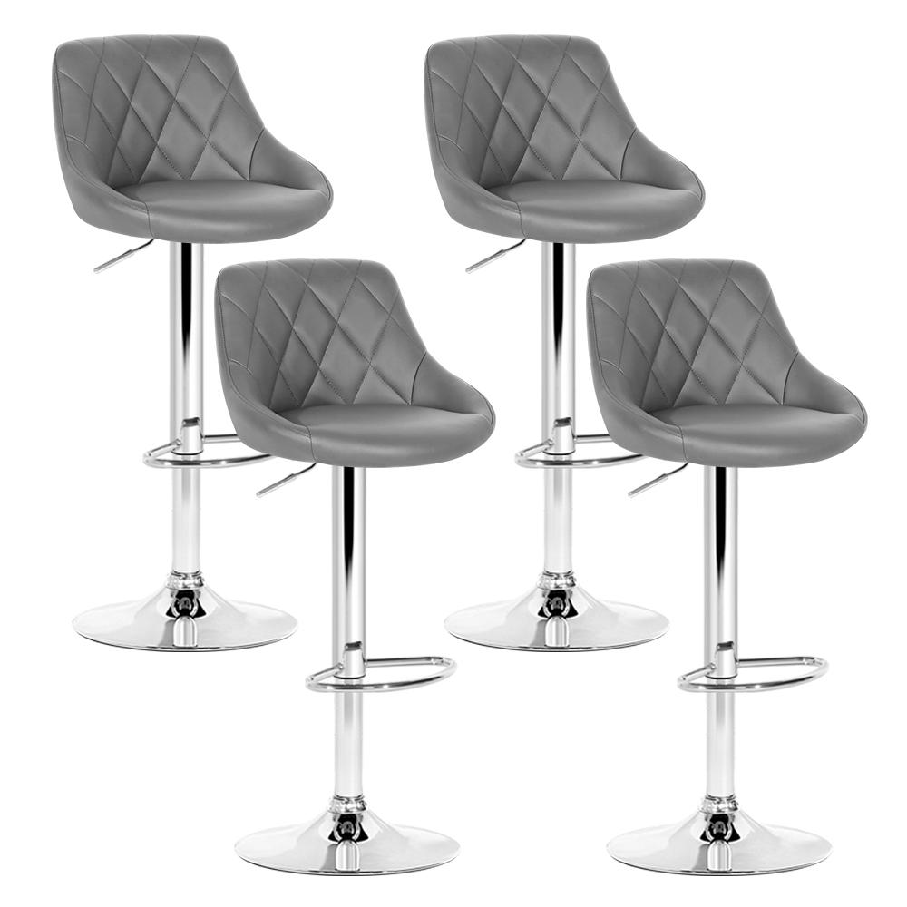 Artiss Set of 4 Grey Bar Stools with PU Leather and Diamond Style Design, featuring a rhombus-motif backrest and chrome base.