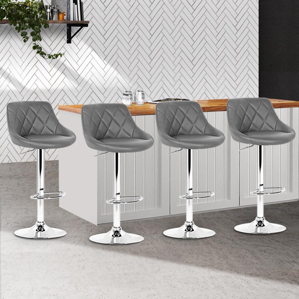 Artiss Set of 4 Grey Bar Stools with PU Leather and Diamond Style Design, featuring a rhombus-motif backrest and chrome base.