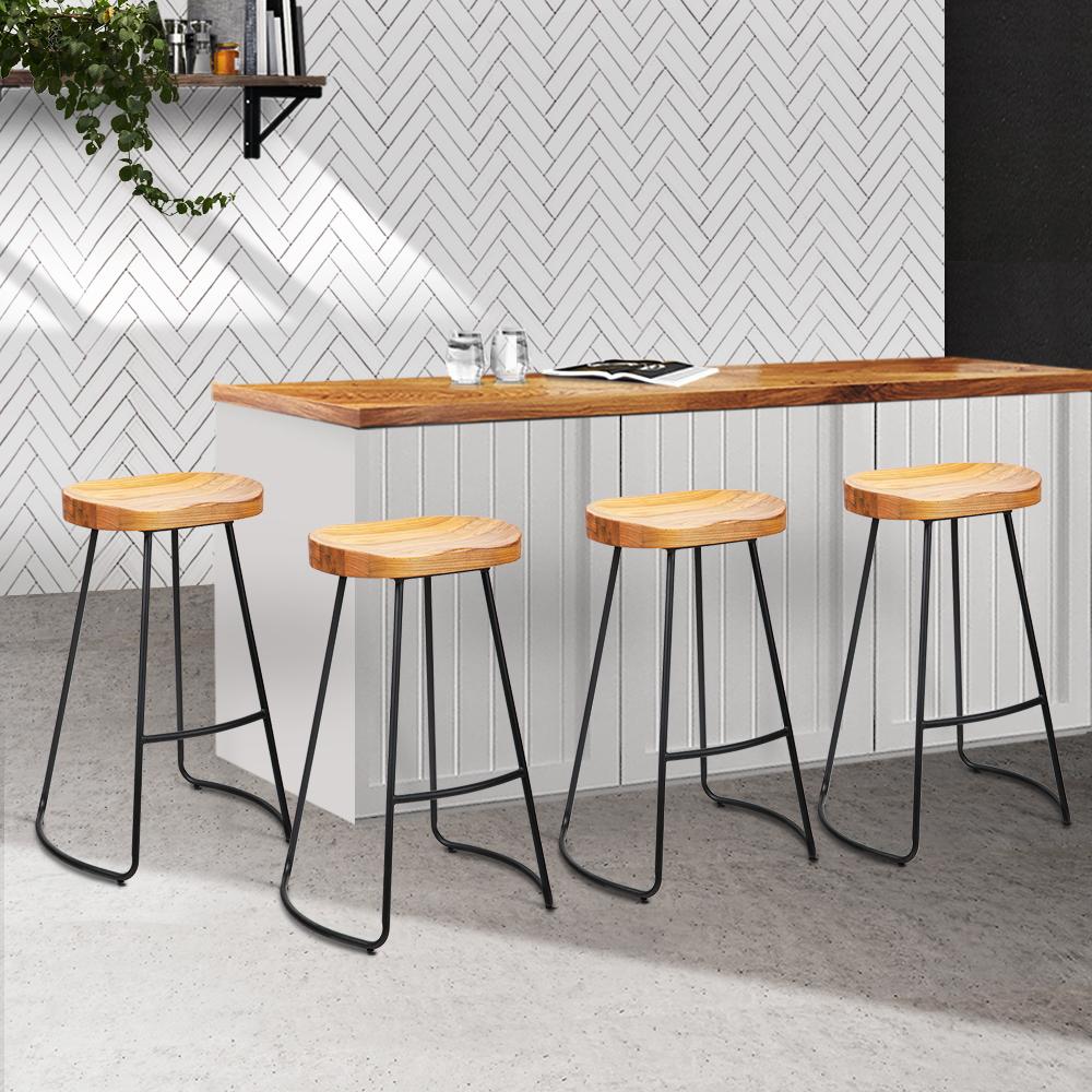 Artiss Set of 4 Elm Wood Backless Bar Stools featuring black legs and light wooden seats, designed for modern industrial decor.